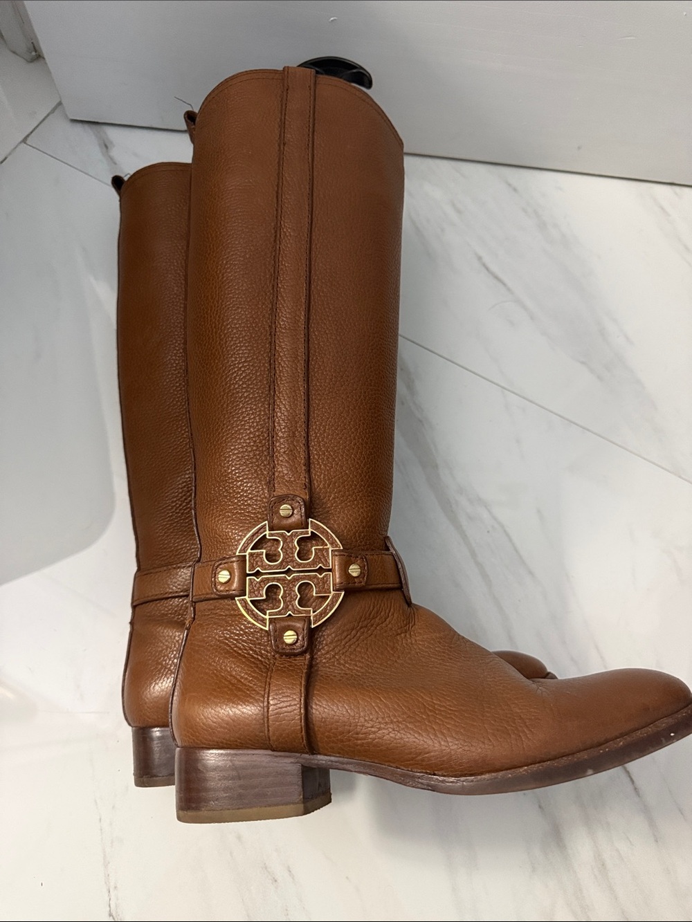 Tory Burch Cognac Leather Tall Riding Boots with Gold Logo